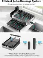 SUNLY Large Dish Drying Rack, Expandable Dish Racks for Kitchen Counter, Space Saving 304 Stainless Steel Drying Rack Kitchen, Extra Large Drainer with Multifunctional Flip Up Pegs, Black