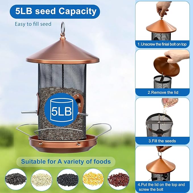 Large Bird Feeders for Outside: 12.6inch Metal for Outdoors Hanging with Copper for Garden Yard Outside Decor Cardinal Finch - Gardening Gifts for Women Men