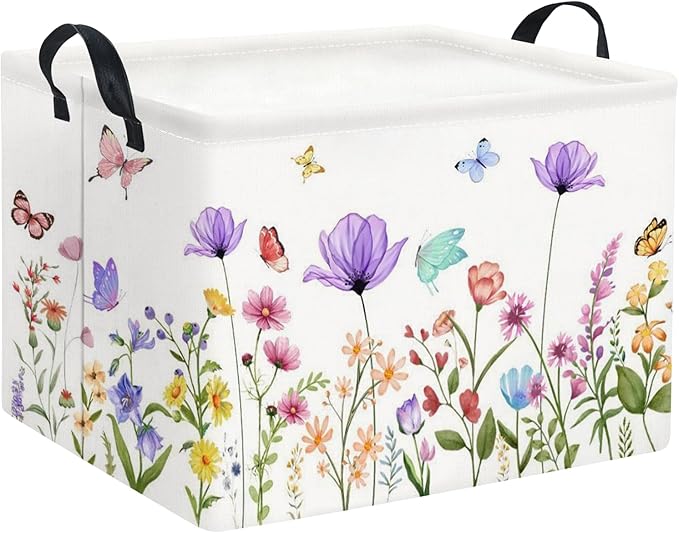 HIYAGON Rectangular Baby Girl Basket Kids Baby Storage Basket Toy Storage Bin Organizer Box Room Decor(Purple Flower)
