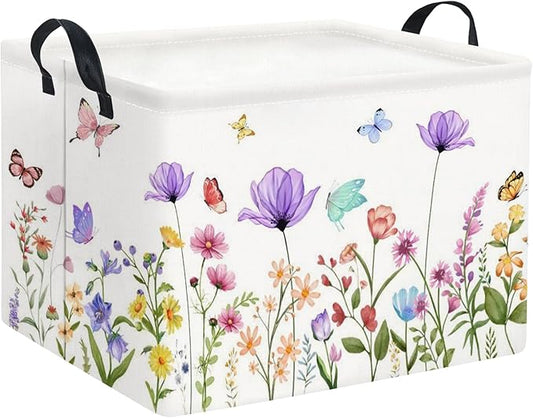 HIYAGON Rectangular Baby Girl Basket Kids Baby Storage Basket Toy Storage Bin Organizer Box Room Decor(Purple Flower)