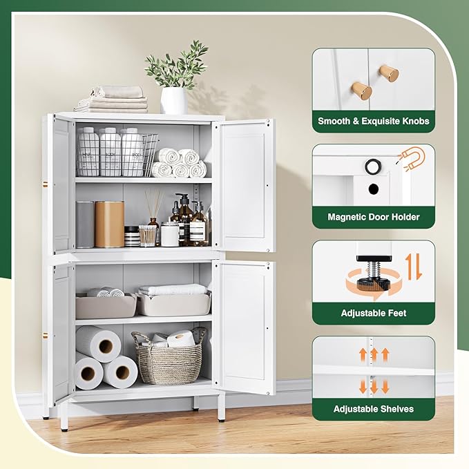 Letaya Storage Cabinet with Doors and Shelves,Small Freestanding Bathroom Floor Metal Cabinets -White