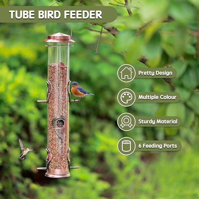 MIXXIDEA 2PK Metal Wild Bird Feeder Squirrel Proof for Outside Hanging - 6 Port Tube Transparent Finch Feeder With Steel Hanger (Antique Copper)