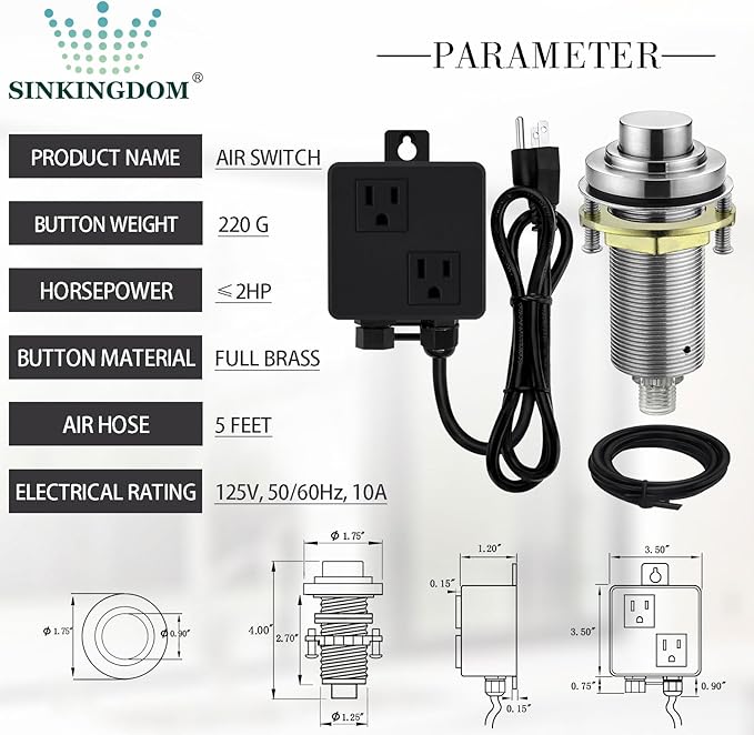 SinkTop Air Switch Kit (Long Full Brass Button) for Disposal, Dual Outlet, (Brushed Nickel)