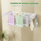Wall Mounted Drying Rack for Laundry 40'', Folding Drying Rack Clothing Wall Mount with 5 Rods and 6 Hooks, Space Saving for Indoor Outdoor Bathroom Balcony (White, 40'')