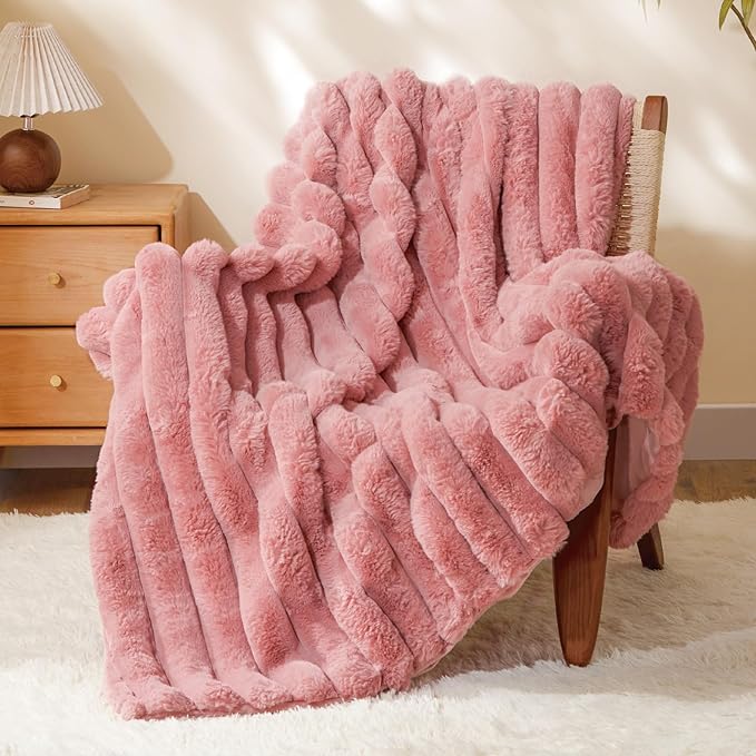 BEDELITE Faux Fur Throw Blanket for Couch, Soft and Cozy Luxurious 3D Striped Fluffy Blanket, 770GSM Thick Warm Plush Fuzzy Faux Rabbit Fur Blanket for Women Gift (Pink, 60"x 80")