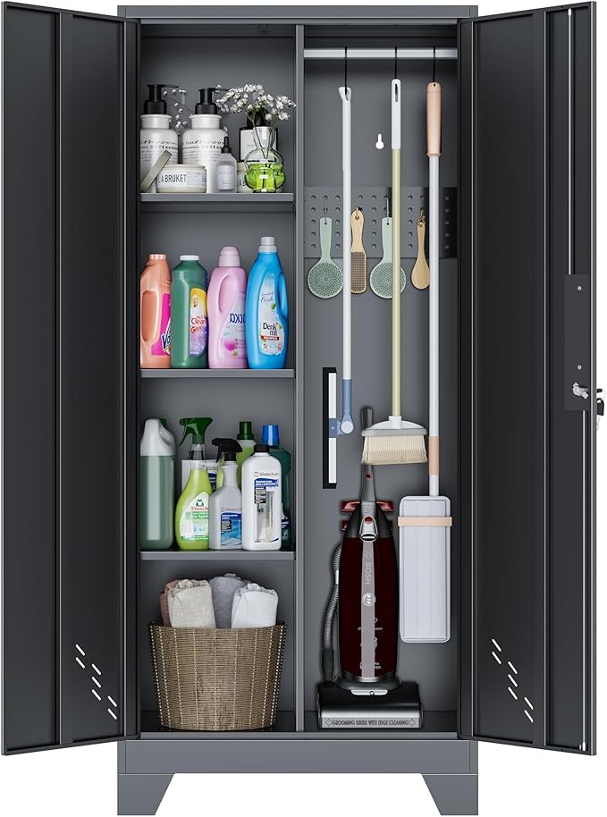 61" Broom Closet Storage Cabinet, Metal Storage Cabinet with Doors, Utility Cabinets for Brooms and Mops, Cleaning Tool Cabinets for Garage, Laundry Room, Bathroom