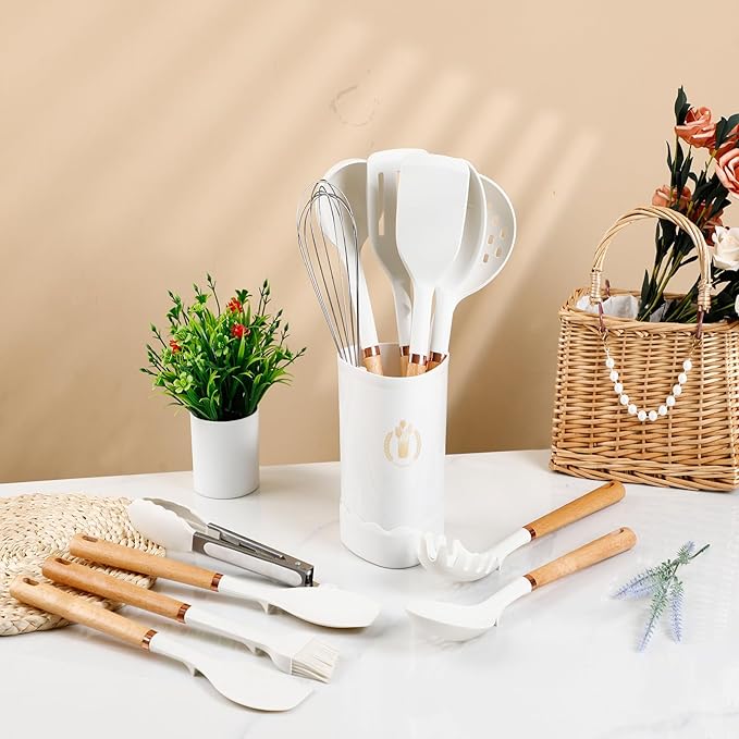 13-Piece silicone utensil set wood handle nonstick cookware safe dishwasher safe kitchen tools BPA free heat resistant (450°F/230°C) ceramic pan safe cooking gifts housewarming (White)
