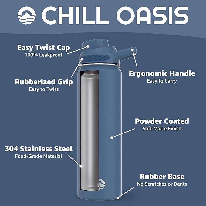 Chill Oasis Water Bottle | Compatible With Popular Flavor Cartridges | BPA Free, Leak Proof, Double-Walled Vacuum Insulated Stainless Steel, and Dishwasher Safe | Cold for 24 Hours (Navy, 22oz)