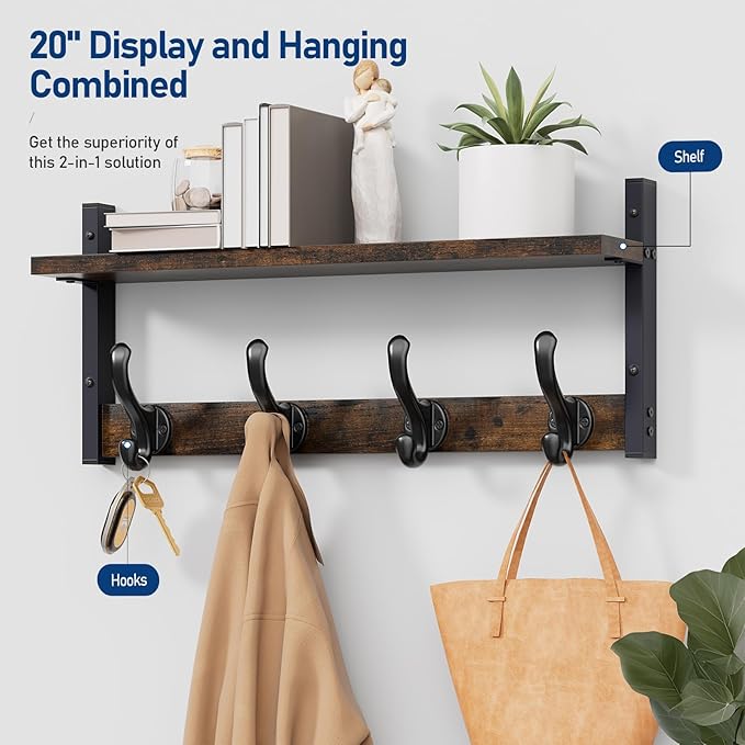 Tatub 20" Rustic Coat Rack Wall Mount with Shelf, Wall Hooks with Shelf, Heavy Duty Entryway Organizer Hangers for Hanging, Hat, Bag, Jacket for Bathroom, Living Room, Bedroom, Rustic Brown