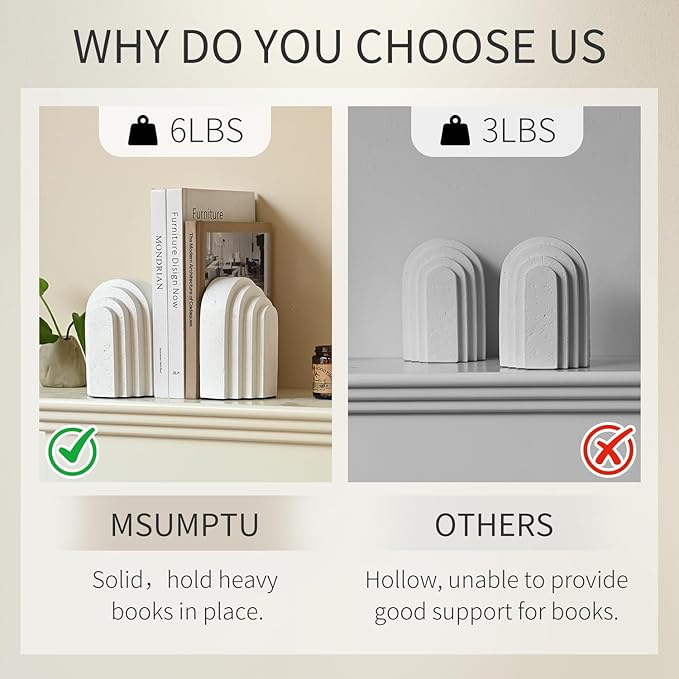 Decorative Bookends for Shelves, Set of 2 Book Ends for Heavy Books, Layered Arch Design White Bookend