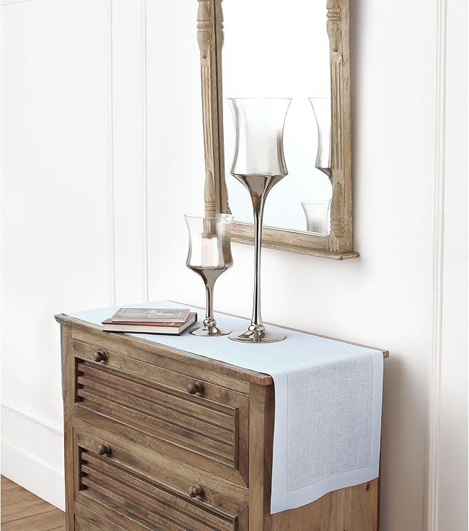 Solino Home Linen Light Blue Table Runner 72 Inches Long - 100% Pure Linen Hemstitch Table Runner 14 x 72 Inch for Dresser, Dining - Classic Hemstitch