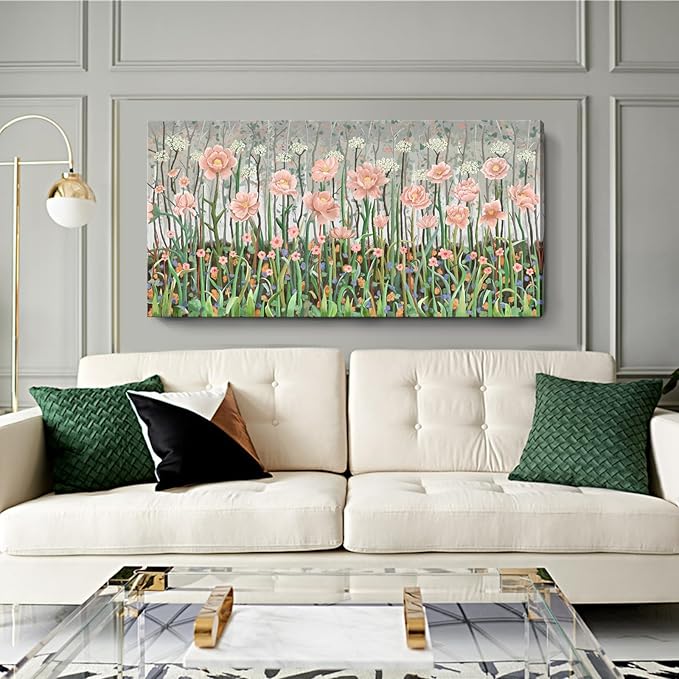 amatop Large Floral Wall Art Modern Abstract Flower Field Canvas Picture Botanical Artwork Rustic Wall Decor for Living Room Bedroom Pink Green Blooming Wildflower Forest Nature Art Print 48x24in