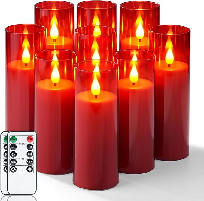 Amagic Christmas Red Flameless Candles, Battery Operated Candles with Remote and Timer, Acrylic Flickering LED Candles for Thanksgiving Decor, D2.2''xH5''6" 7", Set of 9