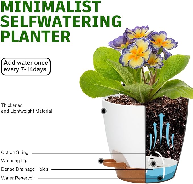 Uneed Indoor Self Watering Planters with Drainage Holes and Saucers, 7/6.5/6/5.5/5 Inch-5 Pots,for Indoor Plants, Herbs, Succulents (White)