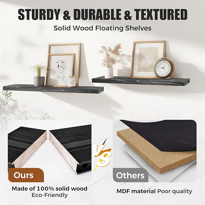 Floating Wall Shelves 4-Pack - Rustic Black 16-inch Wooden Wall Shelves for Storage and Décor, Multi-Functional and Easy to Install for Living Room, Bedroom, and Kitchen