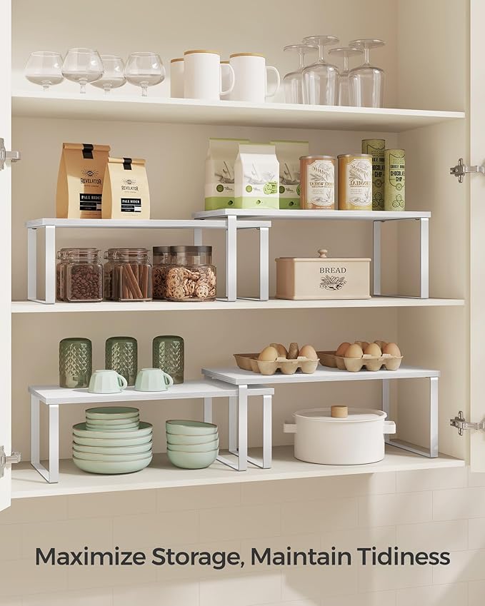 SONGMICS Cabinet Organizer Shelf, Set of 2 Kitchen Counter Shelves, Kitchen Storage, Spice Rack, Stackable, Expandable, Metal and Engineered Wood, Cloud White and Snow White UKCS025W01