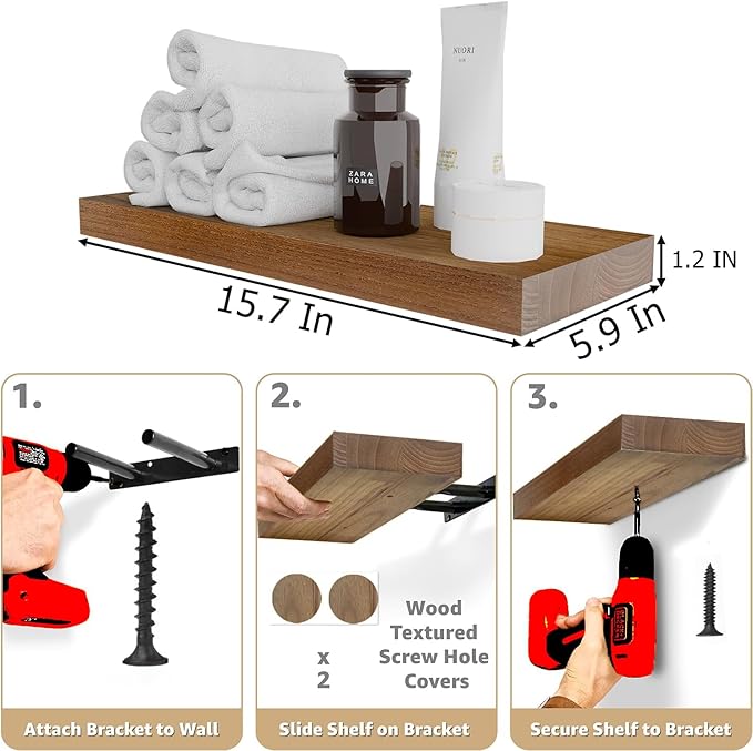 IAE Walnut Floating Wall Shelves 16 inch, Bathroom Shelves Wall Mounted,Invisible Shelf Floating Kitchen Shelves,Wooden Wall Shelving with Brackets for Living Room Wall Mounted,Easy Install,Set of 2