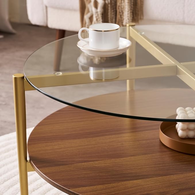 Round Coffee Table, Mid-Century Modern Design, D30“ x H17”, for Living Room, 2-Tier Structure, Clear Glass Top and Walnut MDF Shelf, Sleek Conical Metal Legs with Gold Finish