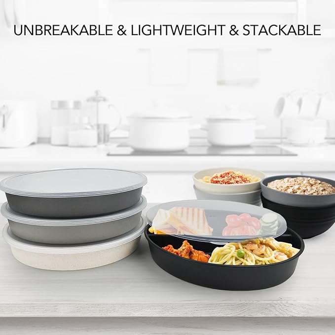 greenandlife 9 Inch 4PCS Divided Plates with Lids, Portion Control Plates for Kids Adults, Dishwasher Microwave Safe Compartment Plate, Unbreakable Lightweight Reusable Wheat Straw Plate, Grey Black