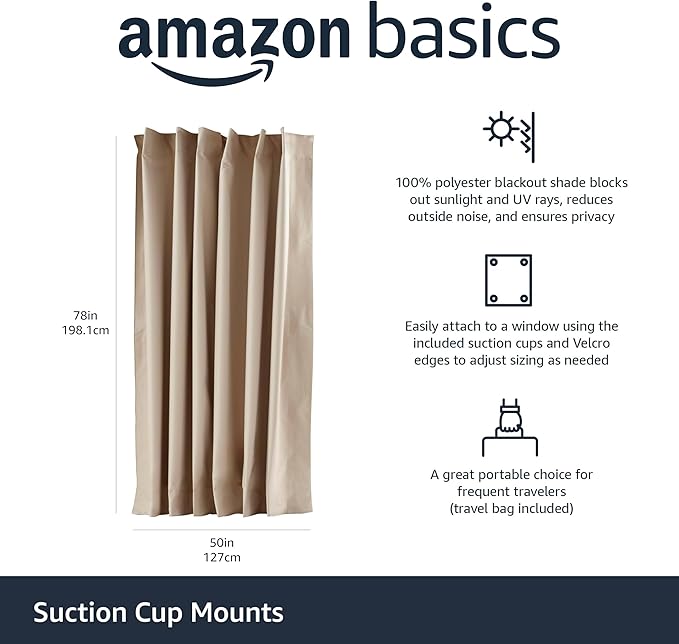 Amazon Basics Portable Blackout Curtain Shade with Suction Cups, 50"W x 78"L, 1-Pack, Beige