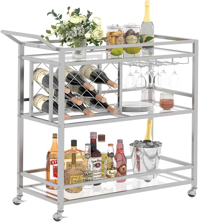 FATORRI Bar Cart Silver, Bar Carts for The Home, Home Bar Serving Carts for Liquor, Rolling Wine Cart with 3 Tier Mirrored Shelves on Wheels for Alcohol and Beverage (Silver)