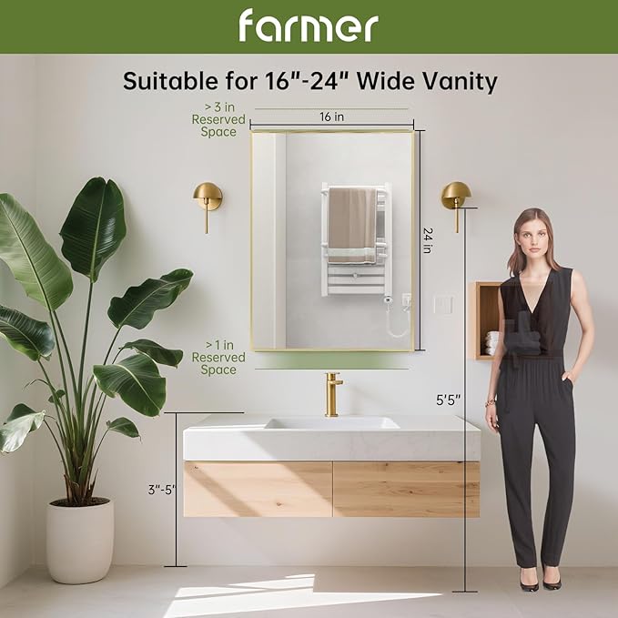 FARMER 16x24 Inch Gold Bathroom Mirror, Rectangle Wall Mounted Mirror, Vanity Mirror, Brushed Square Mirror, Framed Bathroom Mirror for Bedrooms, Entryways, Living Rooms, Horizontal/Vertical
