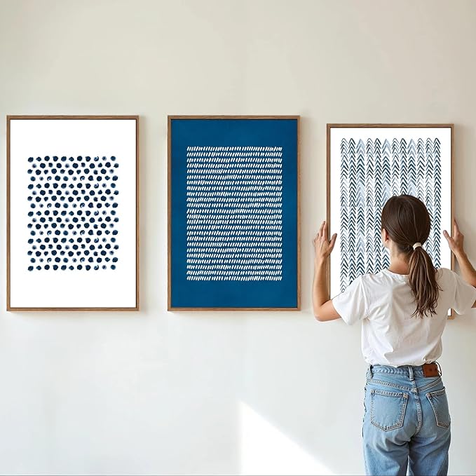 Tinonedraw Navy Blue White Framed Canvas Wall Art Set, Modern Geometric Dots Line Wall Decor, Neutral Abstract Shape Artwork, Cozy Contemporary Art Prints for Bedroom Living Room Office 16"x24"x3