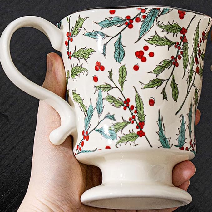 360ml -12.17oz Painted Cherry Fruit Ceramic Mug - Cute irish Coffee Glasses for Latte, Espresso - Gift for Women, Dishwasher Safe