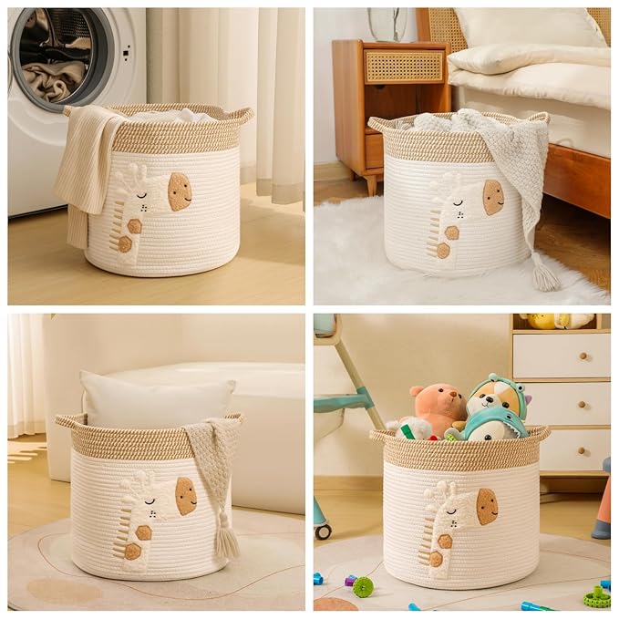 Large Blanket Baskets for Living Room Decor, Toy Storage Baskets Woven Cotton Rope Storage Basket for Kids, Dog Toys Organizer Clothes Hamper with Embroidery Decor for NurseryLaundry (Large, Giraffe)