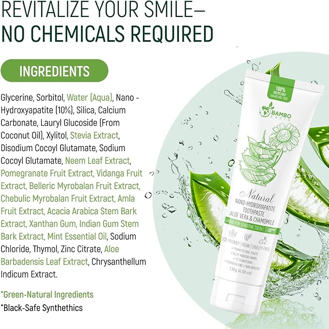 Natural Fluoride Free Toothpaste - Nano Hydroxyapatite, Remineralizing, Sensitive Teeth, Whitening & Zero Waste Tube - Dentist Recommended for Adult & Kids Oral Aloe Vera & Chamomile (Single, Aloe)