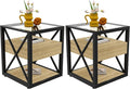 Farmhouse End Table Set of 2, Modern Side Table with Drawer&3-Tier Storage Shelf, Square Rustic Nightstand, Accent Tea Table, for Bedroom Office Living Room, Brown, Natural Wood, Glass, Metal