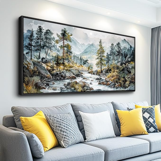 PHAOHUAXM Large Canvas Printing Artworks Wall Art For Bedroom Wall Decor For Living Room Office Home Decor Rivulet View Painting Forest Tree Landscape Watercolour Pictures Black Framed 30x60 In
