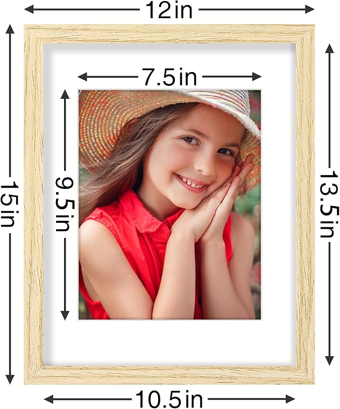 Vittanly 11x14 Picture Frames Set of 9, Shatter Resistant Plexiglass, Display 8x10 Pictures with Mat or 11x14 without Mat, Photo Frames for Wall or Tabletop, Engineered Wood, OAK