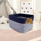 COMFY-HOMI Rectangular Cotton Rope Basket With Handles for Shelves|Dog Toy|Baby Gift - Dark Blue (13.5" x 11" x 9.5")