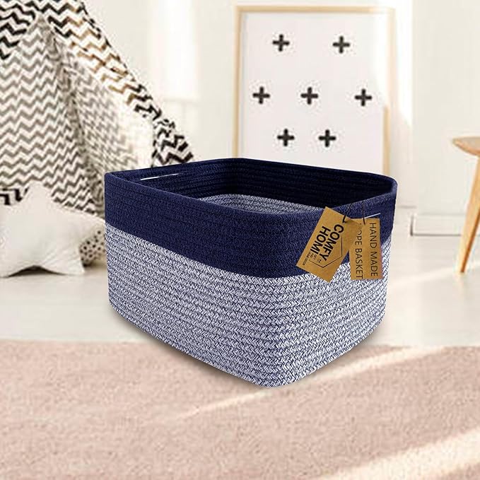 COMFY-HOMI Rectangular Cotton Rope Basket With Handles for Shelves|Dog Toy|Baby Gift - Dark Blue (13.5" x 11" x 9.5")