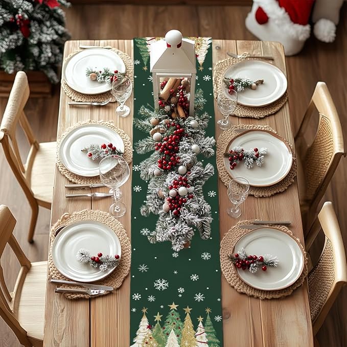 GEEORY Christmas Table Runner 13x72 Inch, Xmas Trees Snowflakes Holiday Decorative Farmhouse Table Decoration for Kitchen Dinning, Indoor Outdoor Dinner Party Decor (Green) GT152-72