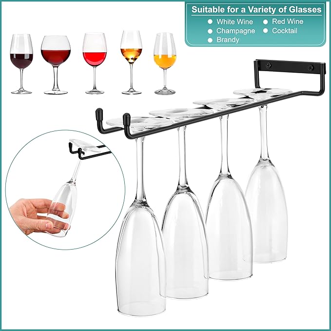 Sorbus Wine Glass Holder - 12 Inch Wall Mounted Wine Glass Rack for Under Cabinet Organization and Storage - Kitchen Shelves for Home Bar Holds Up to 4 Stemware Wine Glasses Each, 8 Total (2 Pack)