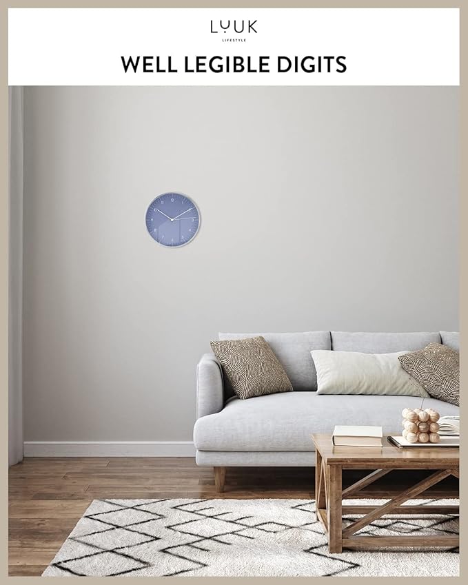 LUUK LIFESTYLE Minimalist Wall Clock with Silent Movement, no Ticking, Modern Design, Kitchen Clock, Decoration and Gift idea, in Blue and Silver