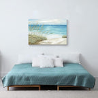 Beach Coastal Canvas Wall Art: Sea Reed Hand Painting Vintage Abstract Blue Ocean Boat Nautical Pictures Modern Seascape Grass Path Artwork Decor for Bathroom Bedroom