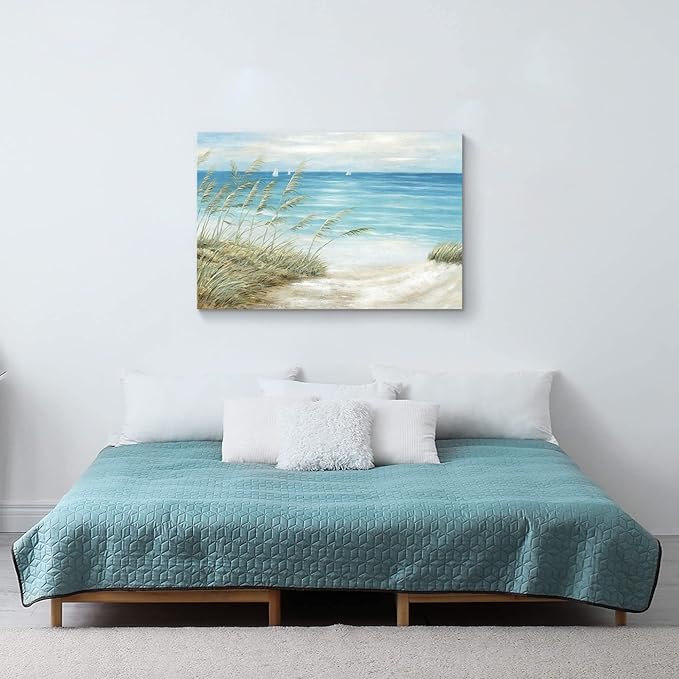 Beach Coastal Canvas Wall Art: Sea Reed Hand Painting Vintage Abstract Blue Ocean Boat Nautical Pictures Modern Seascape Grass Path Artwork Decor for Bathroom Bedroom