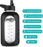 64 oz Glass Water Bottle With Straw and Handle, Half Gallon Sports Motivational Water Jug Flask with Silicone Sleeve, Large Water Cup with Time Marker for Travel, Gym, Sage