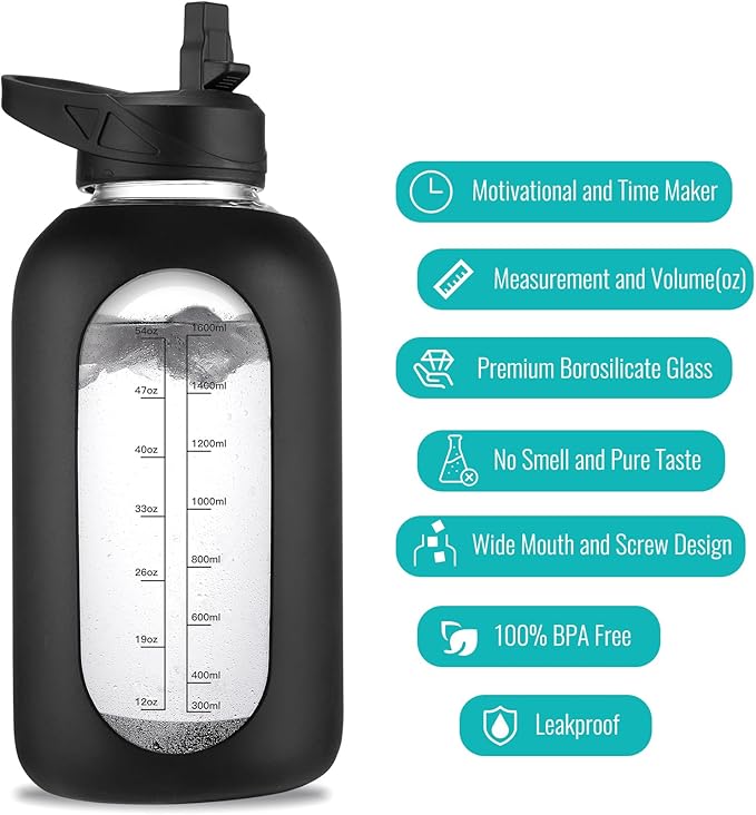 64 oz Glass Water Bottle With Straw and Handle, Half Gallon Sports Motivational Water Jug Flask with Silicone Sleeve, Large Water Cup with Time Marker for Travel, Gym, Black