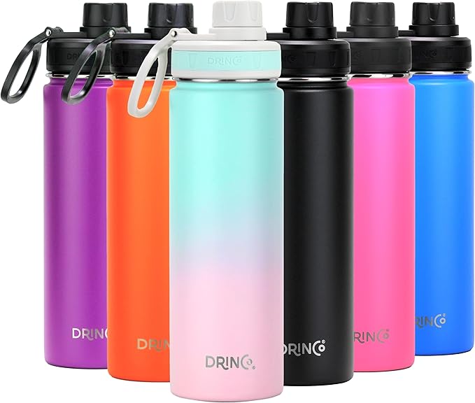 DRINCO Stainless Steel Water Bottle Spout Lid Vacuum Insulated Double Wall Water Bottle Wide Mouth (40oz 32oz 22oz 18oz 14oz) Leak Proof Keeps Cold or Hot (22 oz, 22oz Macaron)