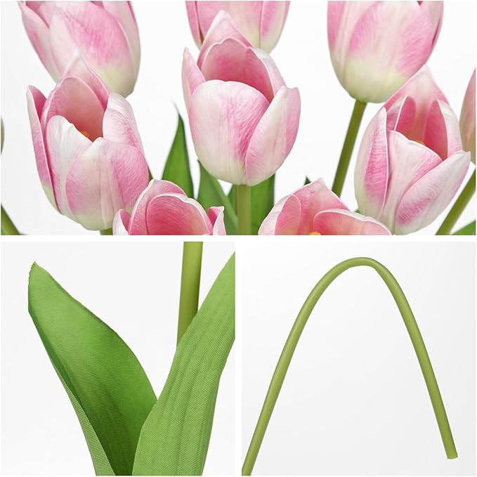 Artificial Tulips Flowers – 20" Long Stem Faux Tulips, 10PCS Real Touch Fake Pink Tulip for Vase, Farmhouse, Kitchen, Spring & Wedding Home Decor