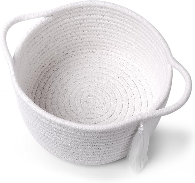 Small Gift Basket Empty to Fill – SweetMemo Cute Woven Organizer Baskets with cellophane wrap for Kids, Baby Shower, Office, Bathroom, Bedside – Little Decor Cotton Rope Bin with Handles - White