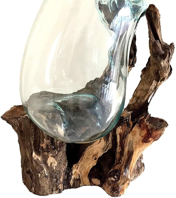 Hand Blown Molten Glass & Teak Wood Terrarium/Vase/Fish Bowl - Premium Quality (12" - 14" High)