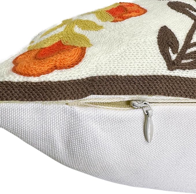 Alysheer Floral Embroidered Fall Decorative Throw Pillow Cover 18"x 18", Farmhouse Cottage Orange Flowers Brown Leaves Knit Pattern Cotton Canvas Cushion Case for Sofa Couch Bed Living Room Decor