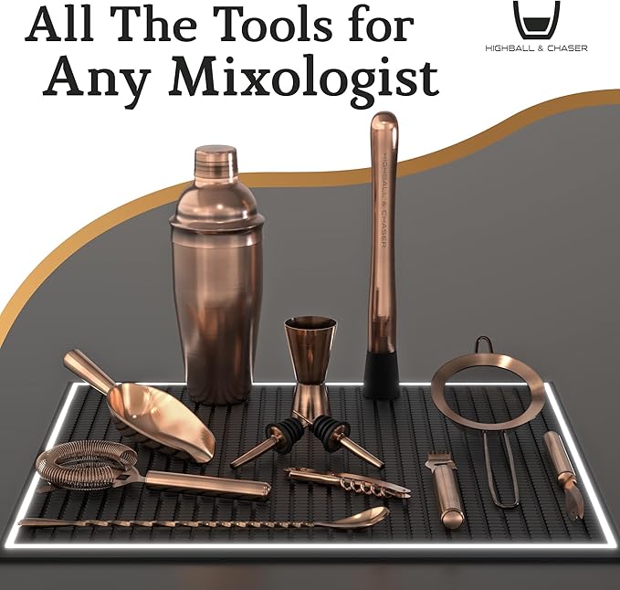Highball & Chaser 13-Piece Cobbler Cocktail Shaker Set Matte Copper Stainless Steel Bartender Kit For Home Bar Cocktail Set Laser Engraved Cocktail Tools Plus E-Book with 30 Different Cocktail Recipes