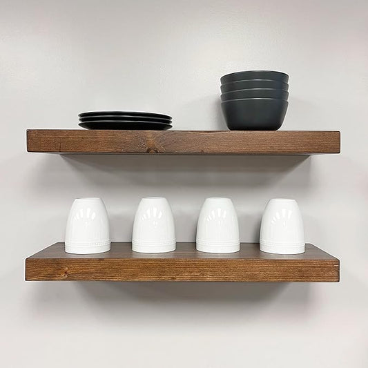 URBANDI, Rustic Floating Shelves, Set of 2, Hidden Bracket, Solid Wood, Heavy Duty, Wall Mounted Shelves, (Provincial, 24Wx12D)