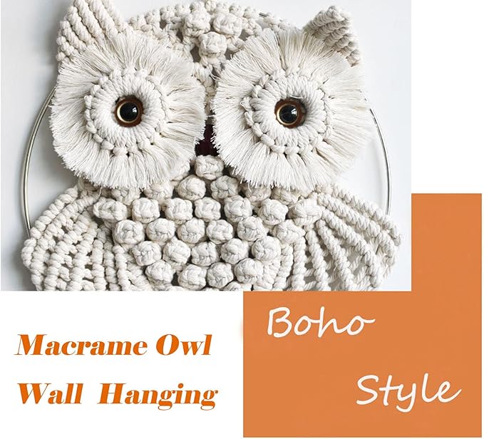 Owl Macrame Wall Hanging-Hand Woven Boho Tapestry-Macrame Wall Decor -Owl Decor for Bedroom, Living Room, Nursery (Beige-Large)
